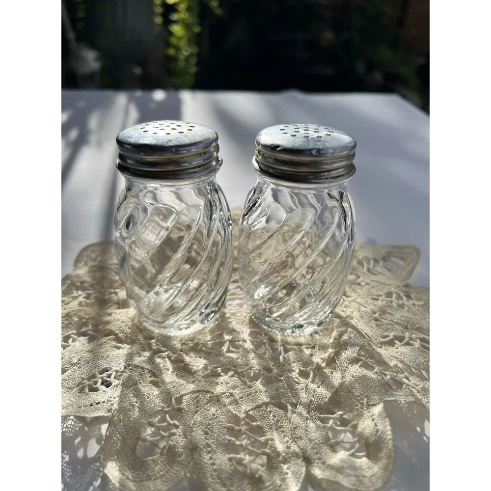 Vintage Clear Glass Swirl Design Silver Lid Aluminum Salt and Pepper Shakers